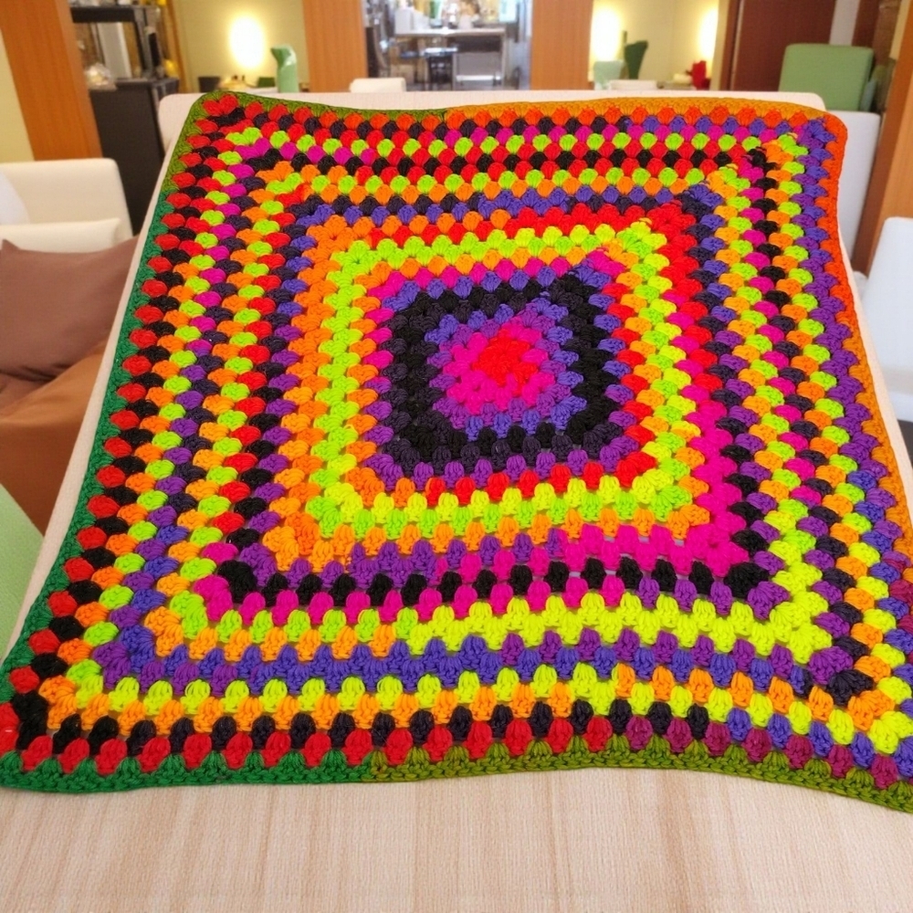 Colorful Afghan Crochet Lap Blanket Handmade 25” Square Funkadelic Granny